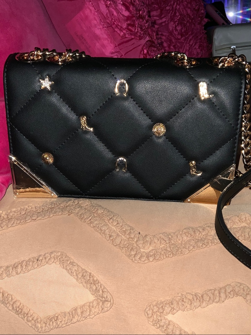 Black Quilted Chain-Handle Shoulder Bag with Gold Accents